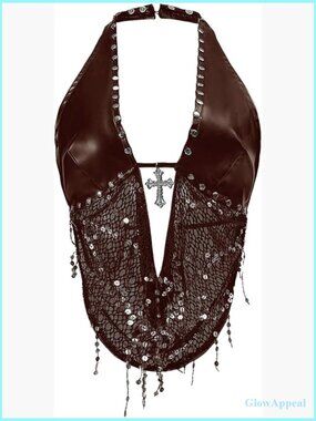 PU Leather Halter Crop Top with Sparkle Detail, Sleeveless Deep V Neck Vest